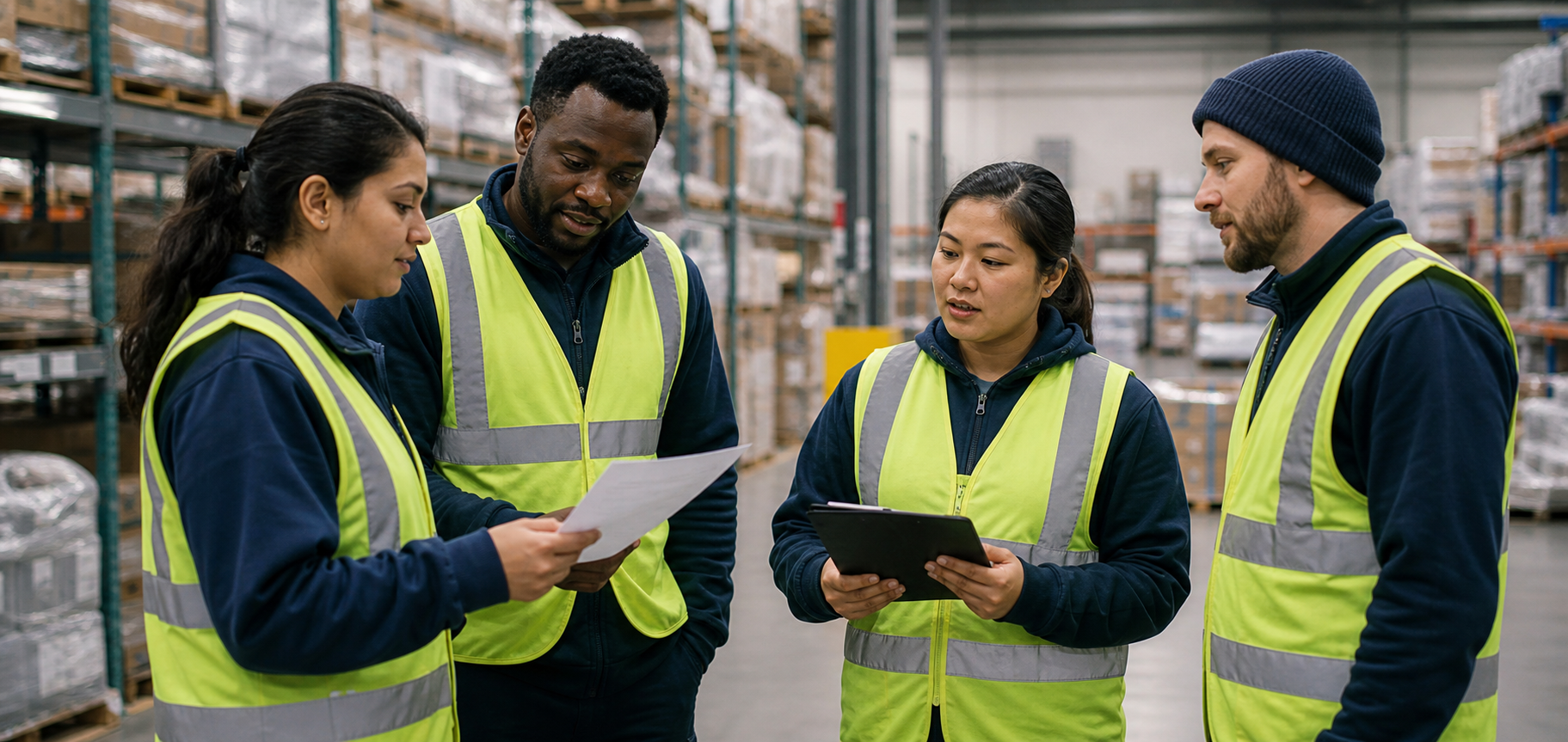 A warehouse team reviewing their next task
